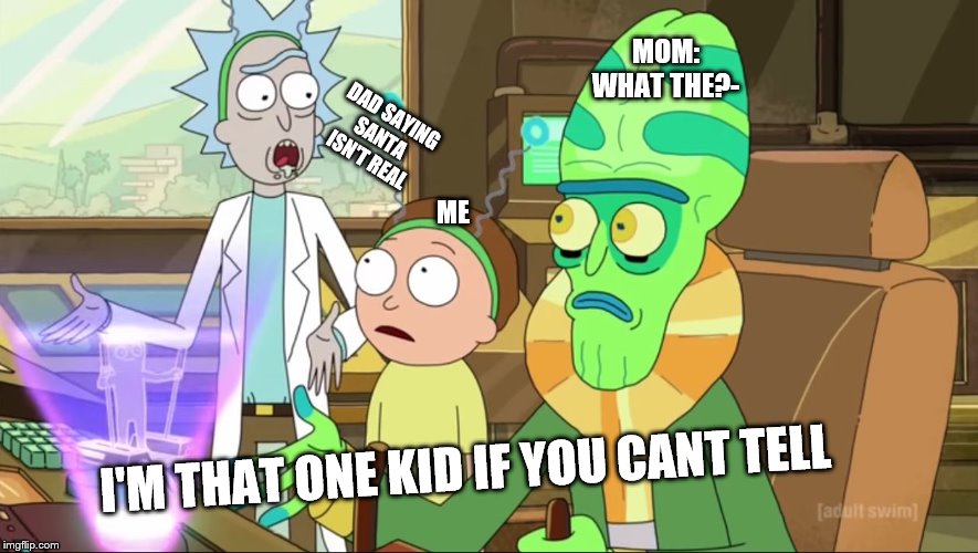 rick and morty-extra steps | MOM: WHAT THE?-; DAD SAYING SANTA ISN'T REAL; ME; I'M THAT ONE KID IF YOU CANT TELL | image tagged in rick and morty-extra steps | made w/ Imgflip meme maker