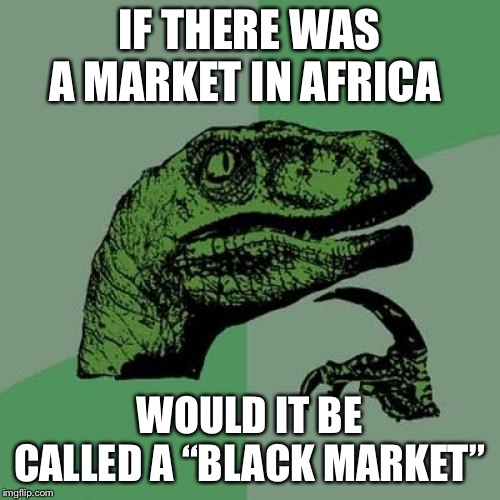 Philosoraptor |  IF THERE WAS A MARKET IN AFRICA; WOULD IT BE CALLED A “BLACK MARKET” | image tagged in memes,philosoraptor,africa,black market | made w/ Imgflip meme maker