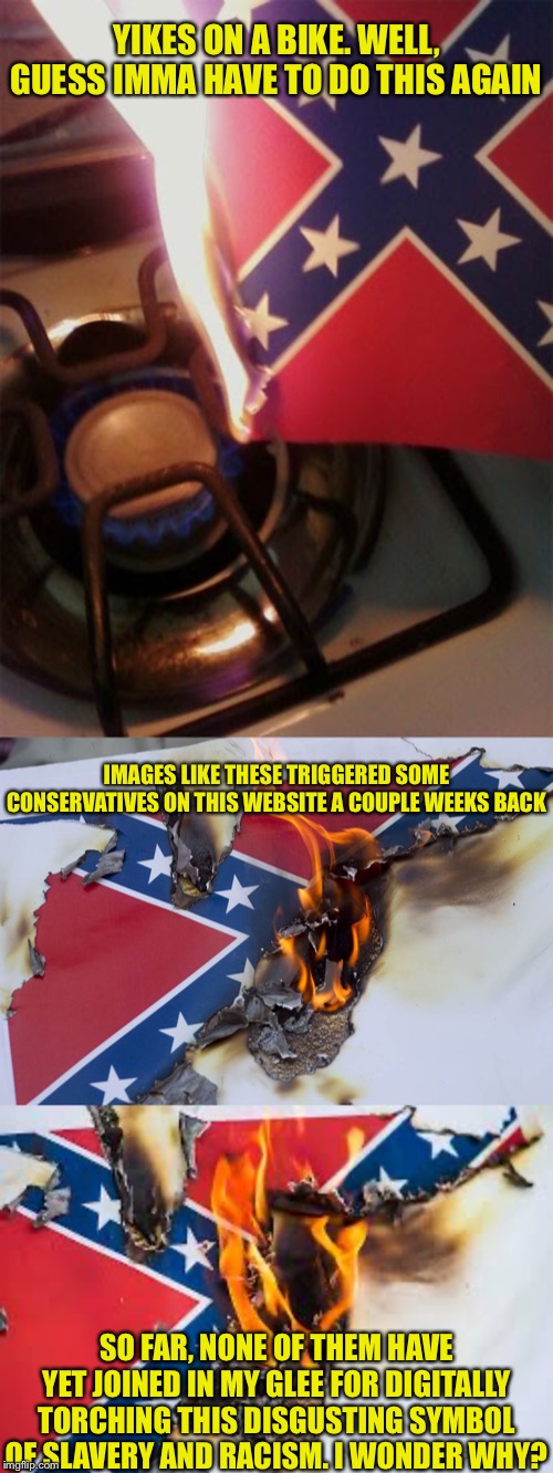 When they try to prove “Democrats are the real racists” again. | YIKES ON A BIKE. WELL, GUESS IMMA HAVE TO DO THIS AGAIN SO FAR, NONE OF THEM HAVE YET JOINED IN MY GLEE FOR DIGITALLY TORCHING THIS DISGUSTI | image tagged in racism,confederate flag,burn,slavery,kkk,democrats | made w/ Imgflip meme maker