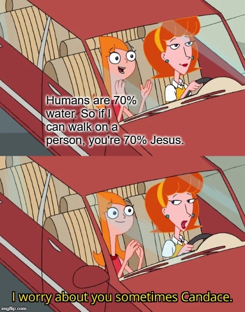 I worry about you sometimes Candace | Humans are 70% water. So if I can walk on a person, you're 70% Jesus. | image tagged in i worry about you sometimes candace | made w/ Imgflip meme maker