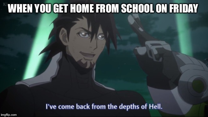 We’ve all been there | WHEN YOU GET HOME FROM SCHOOL ON FRIDAY | image tagged in meme,tiger and bunny,anime | made w/ Imgflip meme maker