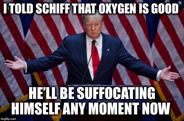 Donald Trump | I TOLD SCHIFF THAT OXYGEN IS GOOD HE’LL BE SUFFOCATING HIMSELF ANY MOMENT NOW | image tagged in donald trump | made w/ Imgflip meme maker