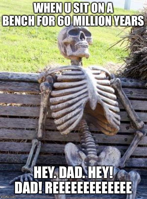 Waiting Skeleton | WHEN U SIT ON A BENCH FOR 60 MILLION YEARS; HEY. DAD. HEY! DAD! REEEEEEEEEEEEE | image tagged in memes,waiting skeleton | made w/ Imgflip meme maker
