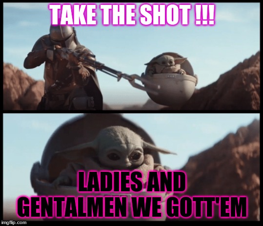 Baby Yoda | TAKE THE SHOT !!! LADIES AND GENTALMEN WE GOTT'EM | image tagged in baby yoda | made w/ Imgflip meme maker