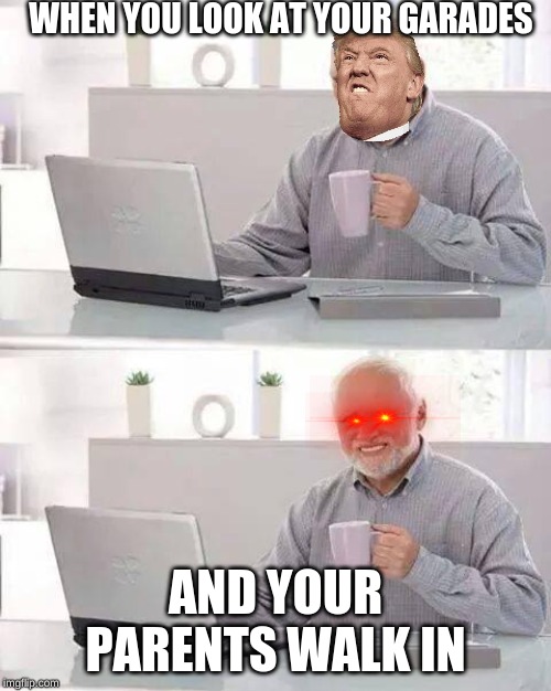 Hide the Pain Harold Meme | WHEN YOU LOOK AT YOUR GARADES; AND YOUR PARENTS WALK IN | image tagged in memes,hide the pain harold | made w/ Imgflip meme maker