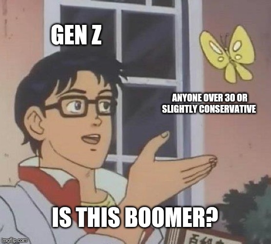 Boomer? | GEN Z; ANYONE OVER 30 OR SLIGHTLY CONSERVATIVE; IS THIS BOOMER? | image tagged in memes,is this a pigeon,boomer,gen z,ok boomer | made w/ Imgflip meme maker
