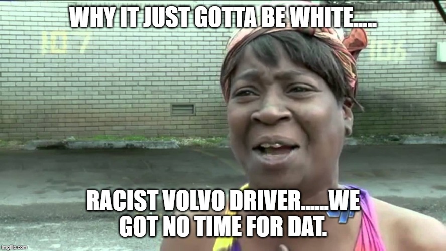 Aint Got No Time Fo Dat | WHY IT JUST GOTTA BE WHITE..... RACIST VOLVO DRIVER......WE GOT NO TIME FOR DAT. | image tagged in aint got no time fo dat | made w/ Imgflip meme maker