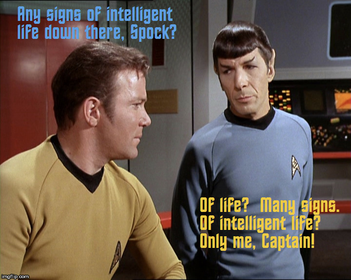 Intelligent Life? Only me! | image tagged in star trek,intelligent life,kirk and spock | made w/ Imgflip meme maker