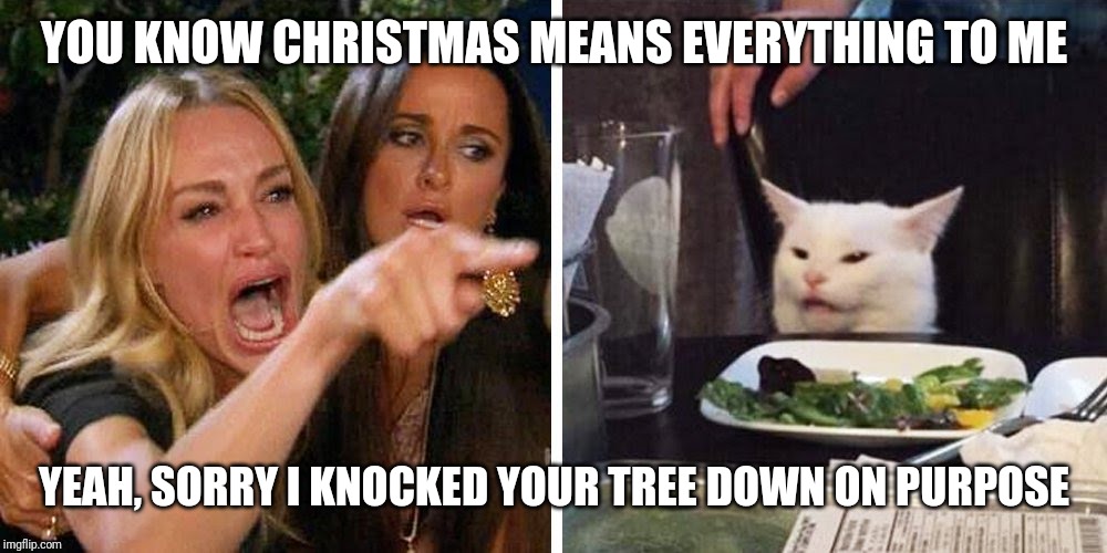 Smudge the cat | YOU KNOW CHRISTMAS MEANS EVERYTHING TO ME; YEAH, SORRY I KNOCKED YOUR TREE DOWN ON PURPOSE | image tagged in smudge the cat | made w/ Imgflip meme maker