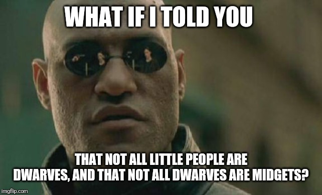 Matrix Morpheus | WHAT IF I TOLD YOU; THAT NOT ALL LITTLE PEOPLE ARE DWARVES, AND THAT NOT ALL DWARVES ARE MIDGETS? | image tagged in memes,matrix morpheus,deep thoughts,important | made w/ Imgflip meme maker