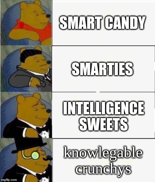 Tuxedo Winnie the Pooh 4 panel | SMART CANDY; SMARTIES; INTELLIGENCE SWEETS; knowlegable crunchys | image tagged in tuxedo winnie the pooh 4 panel | made w/ Imgflip meme maker