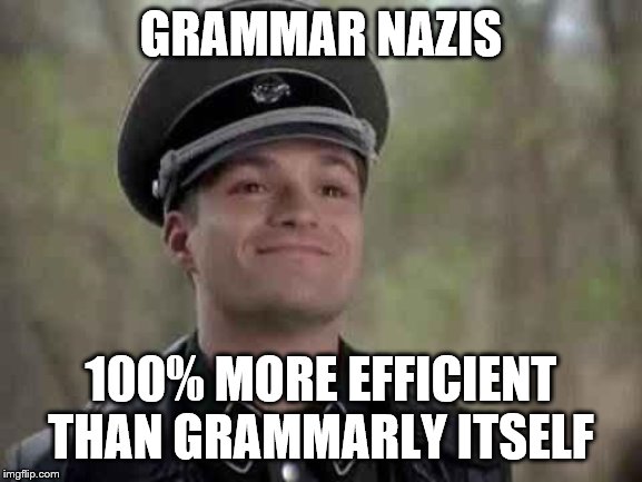 Funny because it's True | GRAMMAR NAZIS; 100% MORE EFFICIENT THAN GRAMMARLY ITSELF | image tagged in grammar nazi,grammar | made w/ Imgflip meme maker