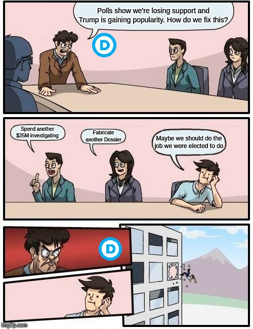 Boardroom Meeting Suggestion | Polls show we're losing support and Trump is gaining popularity. How do we fix this? Spend another $35M investigating; Fabricate another Dossier; Maybe we should do the job we were elected to do | image tagged in memes,boardroom meeting suggestion | made w/ Imgflip meme maker