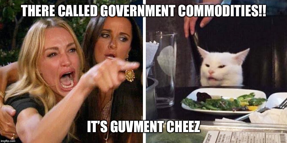 Smudge the cat | THERE CALLED GOVERNMENT COMMODITIES!! IT’S GUVMENT CHEEZ | image tagged in smudge the cat | made w/ Imgflip meme maker