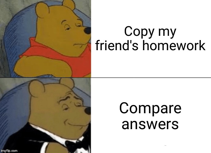 Tuxedo Winnie The Pooh | Copy my friend's homework; Compare answers | image tagged in memes,tuxedo winnie the pooh | made w/ Imgflip meme maker