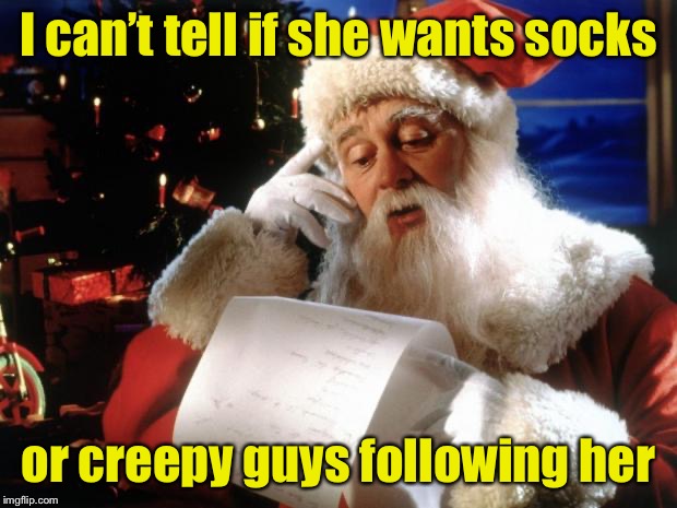 Dear santa, I want a pair of stalkings for Christmas |  I can’t tell if she wants socks; or creepy guys following her | image tagged in dear santa,stalking,stalker,stockings | made w/ Imgflip meme maker