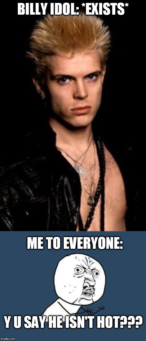 BILLY IDOL: *EXISTS*; ME TO EVERYONE:; Y U SAY HE ISN'T HOT??? | image tagged in why you no | made w/ Imgflip meme maker