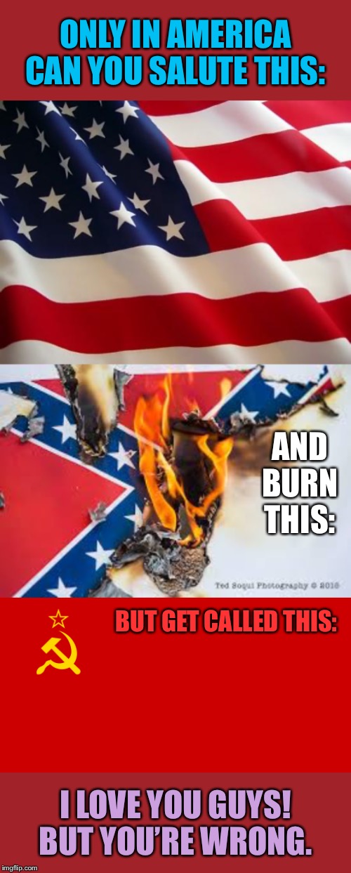 When you get called a Leftist and a Commie for basically holding the same affiliations as U.S. Grant | ONLY IN AMERICA CAN YOU SALUTE THIS:; AND BURN THIS:; BUT GET CALLED THIS:; I LOVE YOU GUYS! BUT YOU’RE WRONG. | image tagged in american flag,ussr flag,confederate flag burning,commie,politics,confederate flag | made w/ Imgflip meme maker