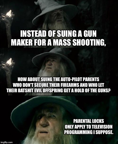 Parents are part of the problem | INSTEAD OF SUING A GUN MAKER FOR A MASS SHOOTING, HOW ABOUT SUING THE AUTO-PILOT PARENTS WHO DON’T SECURE THEIR FIREARMS AND WHO LET THEIR BATSHIT EVIL OFFSPRING GET A HOLD OF THE GUNS? PARENTAL LOCKS ONLY APPLY TO TELEVISION PROGRAMMING I SUPPOSE. | image tagged in memes,confused gandalf,parents,guns,kids,tv | made w/ Imgflip meme maker