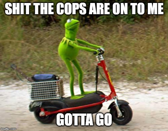 Kermit scooter | SHIT THE COPS ARE ON TO ME; GOTTA GO | image tagged in kermit scooter | made w/ Imgflip meme maker