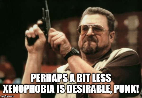 Am I The Only One Around Here Meme | PERHAPS A BIT LESS XENOPHOBIA IS DESIRABLE, PUNK! | image tagged in memes,am i the only one around here | made w/ Imgflip meme maker
