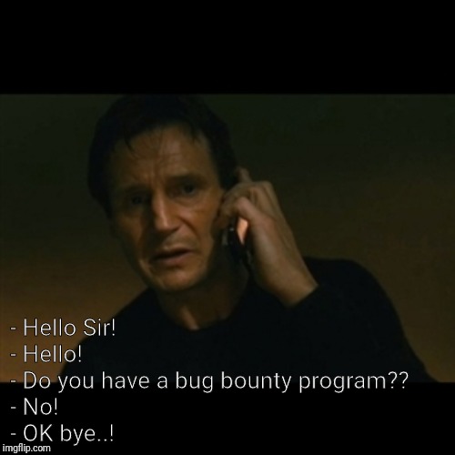 Liam Neeson Taken Meme | - Hello Sir!
- Hello!
- Do you have a bug bounty program??
- No!
- OK bye..! | image tagged in memes,liam neeson taken | made w/ Imgflip meme maker