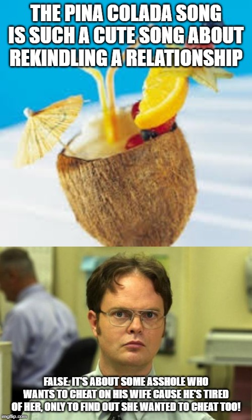 Escape Huh? | THE PINA COLADA SONG IS SUCH A CUTE SONG ABOUT REKINDLING A RELATIONSHIP; FALSE. IT'S ABOUT SOME ASSHOLE WHO WANTS TO CHEAT ON HIS WIFE CAUSE HE'S TIRED OF HER, ONLY TO FIND OUT SHE WANTED TO CHEAT TOO! | image tagged in memes,dwight schrute,pina colada | made w/ Imgflip meme maker