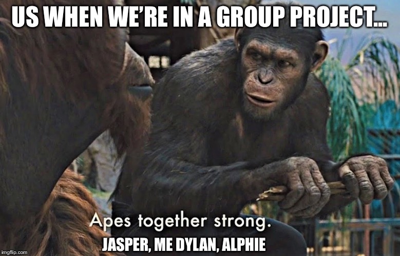 Apes Together Strong | US WHEN WE’RE IN A GROUP PROJECT... JASPER, ME DYLAN, ALPHIE | image tagged in apes together strong | made w/ Imgflip meme maker