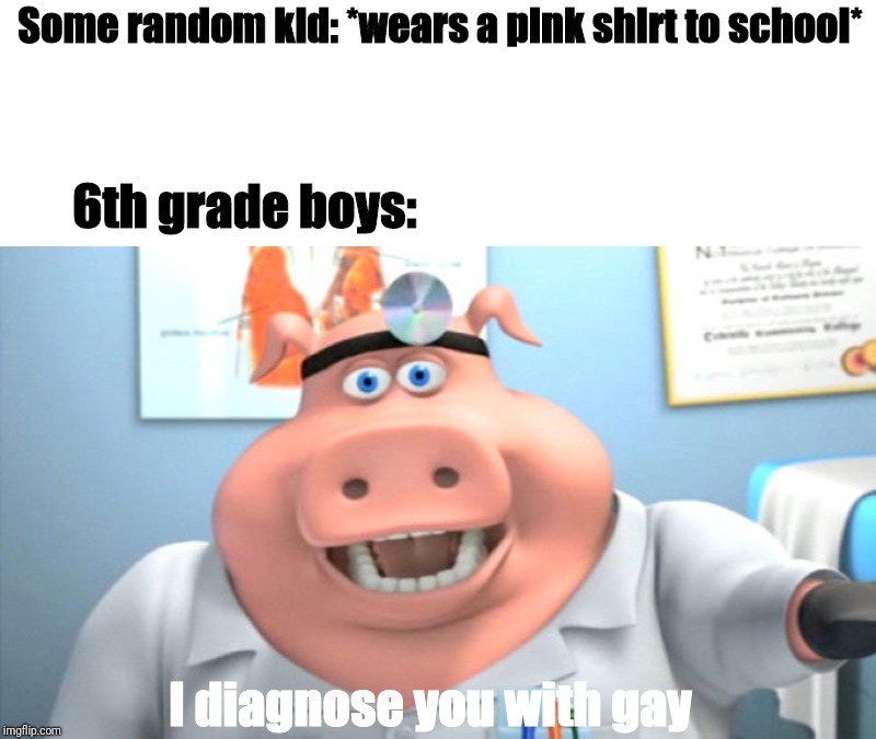 I diagnose you with stage 4 gay | Some random kid: *wears a pink shirt to school*; 6th grade boys:; I diagnose you with gay | image tagged in i diagnose you with dead,i diagnose you with gay,middle school | made w/ Imgflip meme maker