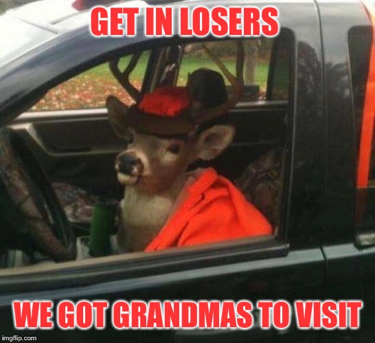 It’s that time of the year | GET IN LOSERS; WE GOT GRANDMAS TO VISIT | image tagged in grandma,reindeer,xmas | made w/ Imgflip meme maker