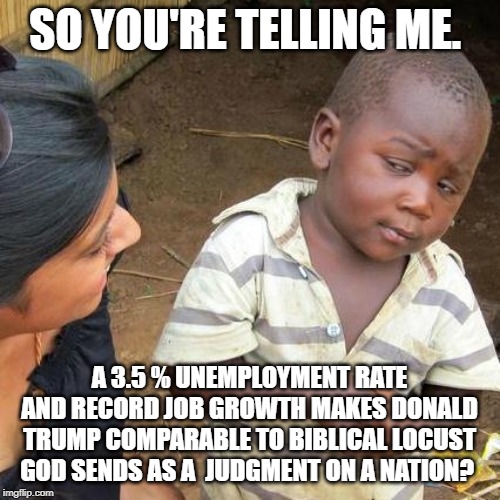 Third World Skeptical Kid Meme | SO YOU'RE TELLING ME. A 3.5 % UNEMPLOYMENT RATE AND RECORD JOB GROWTH MAKES DONALD TRUMP COMPARABLE TO BIBLICAL LOCUST GOD SENDS AS A  JUDGM | image tagged in memes,third world skeptical kid | made w/ Imgflip meme maker