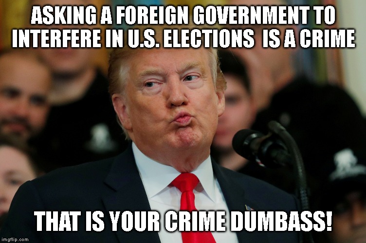 Trump Asked for Foreign Interference from Russia, Ukraine, and China ON TELEVISION! | ASKING A FOREIGN GOVERNMENT TO INTERFERE IN U.S. ELECTIONS  IS A CRIME; THAT IS YOUR CRIME DUMBASS! | image tagged in high crimes,misdemeanors,traitor,corruption,impeach trump,impeachment | made w/ Imgflip meme maker