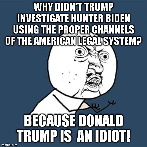 President Trump is a Fool | WHY DIDN'T TRUMP INVESTIGATE HUNTER BIDEN USING THE PROPER CHANNELS OF THE AMERICAN LEGAL SYSTEM? BECAUSE DONALD TRUMP IS  AN IDIOT! | image tagged in y u no,donald trump is an idiot,trump is a moron,trump is an asshole,trump is a commie,impeach trump | made w/ Imgflip meme maker