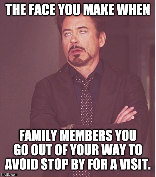 Face You Make Robert Downey Jr Meme | THE FACE YOU MAKE WHEN; FAMILY MEMBERS YOU GO OUT OF YOUR WAY TO AVOID STOP BY FOR A VISIT. | image tagged in memes,face you make robert downey jr,family,lol | made w/ Imgflip meme maker