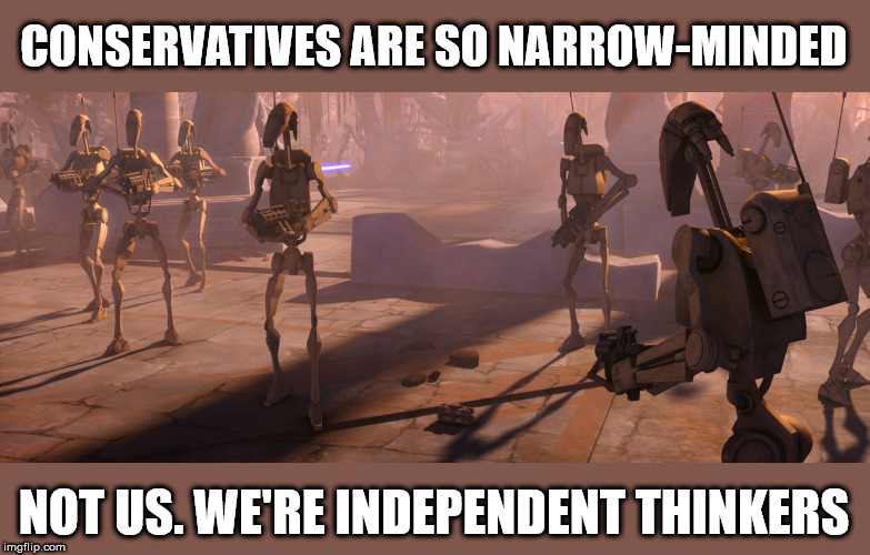 Roger Roger | CONSERVATIVES ARE SO NARROW-MINDED; NOT US. WE'RE INDEPENDENT THINKERS | image tagged in independent thinkers,liberal logic,clone wars,droids | made w/ Imgflip meme maker
