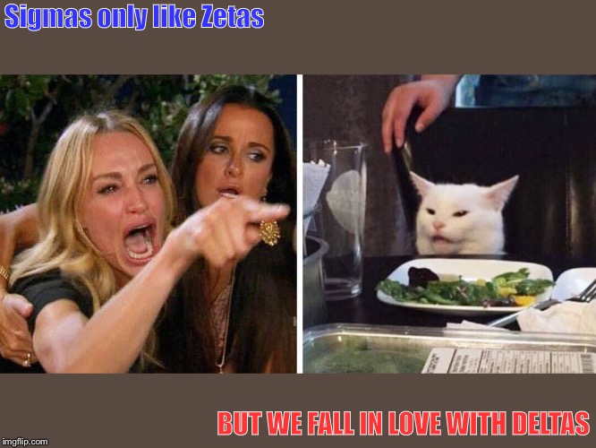 Smudge the cat | Sigmas only like Zetas; BUT WE FALL IN LOVE WITH DELTAS | image tagged in smudge the cat | made w/ Imgflip meme maker