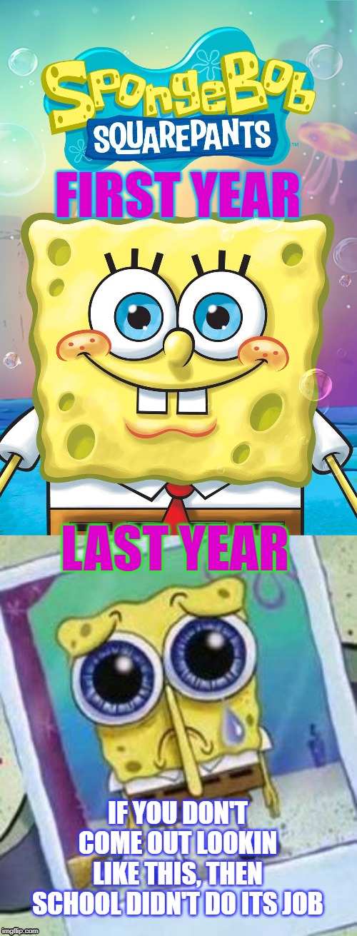 School's a .... | FIRST YEAR; LAST YEAR; IF YOU DON'T COME OUT LOOKIN LIKE THIS, THEN SCHOOL DIDN'T DO ITS JOB | image tagged in school,spongebob,depression | made w/ Imgflip meme maker