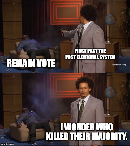 Who Killed Hannibal | FIRST PAST THE POST ELECTORAL SYSTEM; REMAIN VOTE; I WONDER WHO KILLED THEIR MAJORITY. | image tagged in memes,who killed hannibal | made w/ Imgflip meme maker