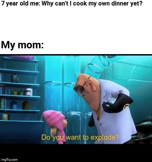 Do you want to explode | 7 year old me: Why can't I cook my own dinner yet? My mom: | image tagged in do you want to explode | made w/ Imgflip meme maker