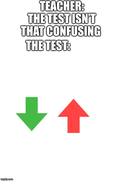 Blank White Template | TEACHER: THE TEST ISN’T THAT CONFUSING; THE TEST: | image tagged in blank white template | made w/ Imgflip meme maker