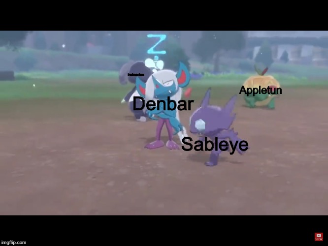 Sableye Runs Around A Shiny Morgrem | Indeedee; Appletun; Denbar; Sableye | image tagged in sableye runs around a shiny morgrem | made w/ Imgflip meme maker