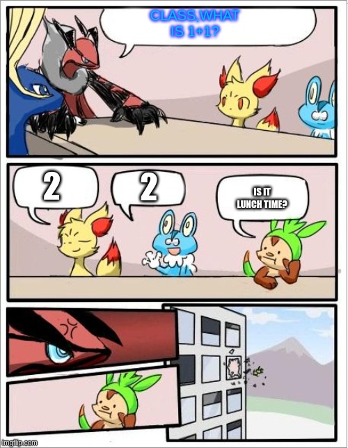 School | CLASS,WHAT IS 1+1? 2; 2; IS IT LUNCH TIME? | image tagged in pokemon board meeting | made w/ Imgflip meme maker