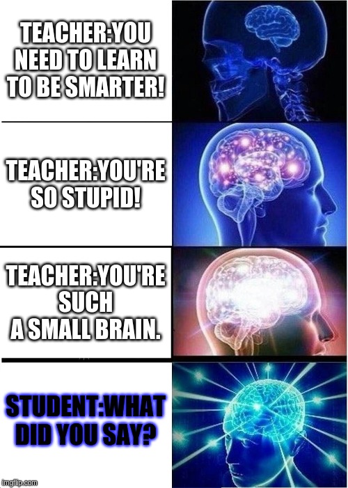 don't judge a book by it's cover | TEACHER:YOU NEED TO LEARN TO BE SMARTER! TEACHER:YOU'RE SO STUPID! TEACHER:YOU'RE SUCH A SMALL BRAIN. STUDENT:WHAT DID YOU SAY? | image tagged in memes,expanding brain | made w/ Imgflip meme maker