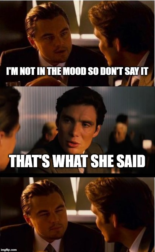 Inception | I'M NOT IN THE MOOD SO DON'T SAY IT; THAT'S WHAT SHE SAID | image tagged in memes,inception | made w/ Imgflip meme maker
