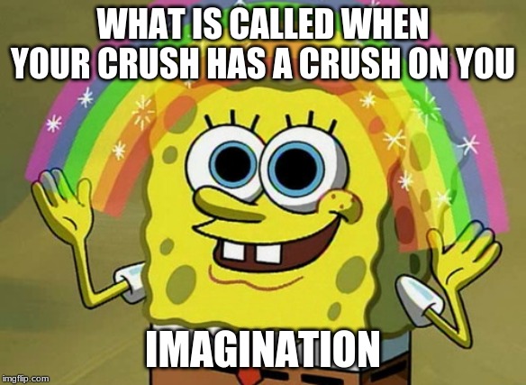 Imagination Spongebob Meme | WHAT IS CALLED WHEN YOUR CRUSH HAS A CRUSH ON YOU; IMAGINATION | image tagged in memes,imagination spongebob | made w/ Imgflip meme maker