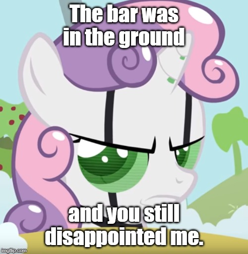 The bar was in the ground; and you still disappointed me. | image tagged in mlp,sweetie-bot | made w/ Imgflip meme maker