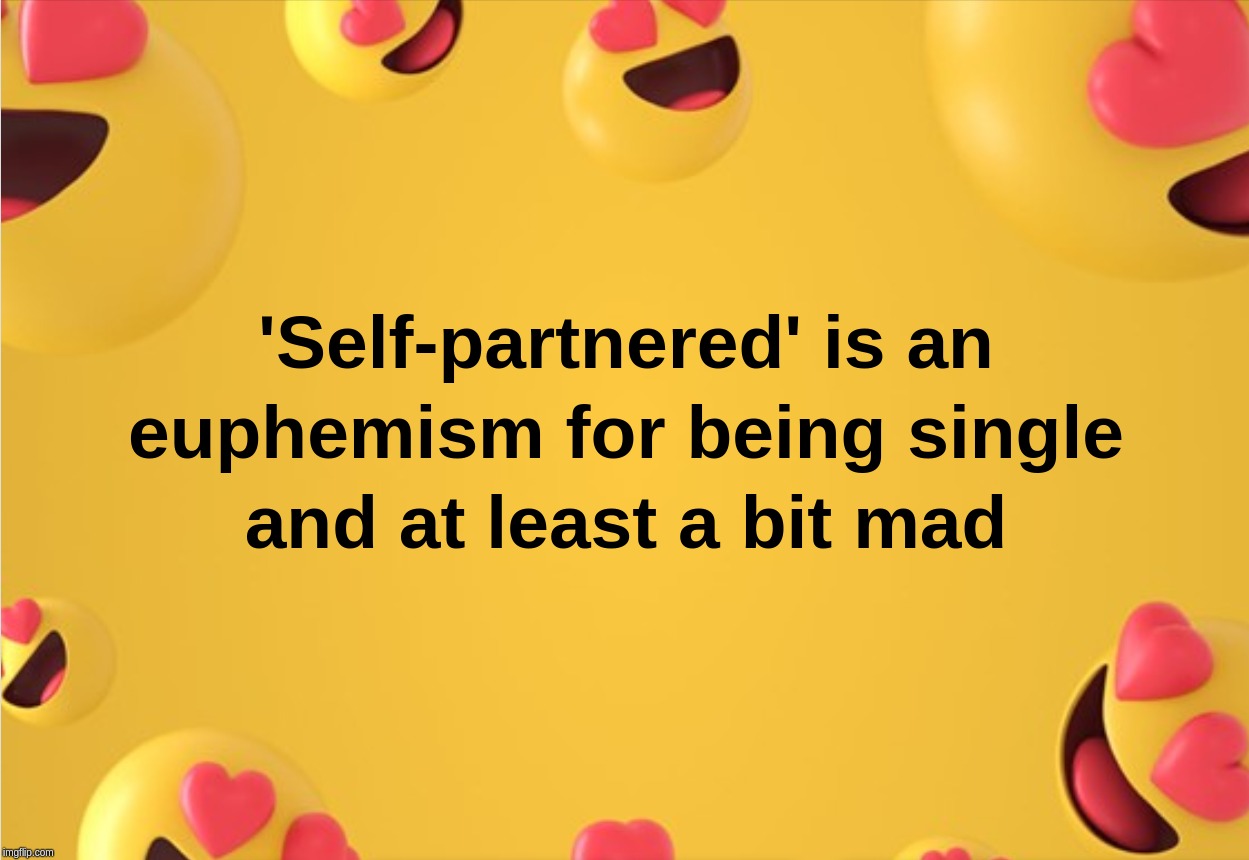 'Self-partnered' is an euphemism for being single and at least a bit mad | image tagged in self-partnered,self,partnered,euphemism,single,mad | made w/ Imgflip meme maker