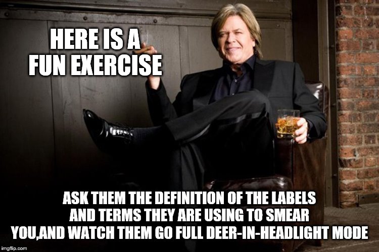 Ron White | HERE IS A FUN EXERCISE ASK THEM THE DEFINITION OF THE LABELS AND TERMS THEY ARE USING TO SMEAR YOU,AND WATCH THEM GO FULL DEER-IN-HEADLIGHT  | image tagged in ron white | made w/ Imgflip meme maker