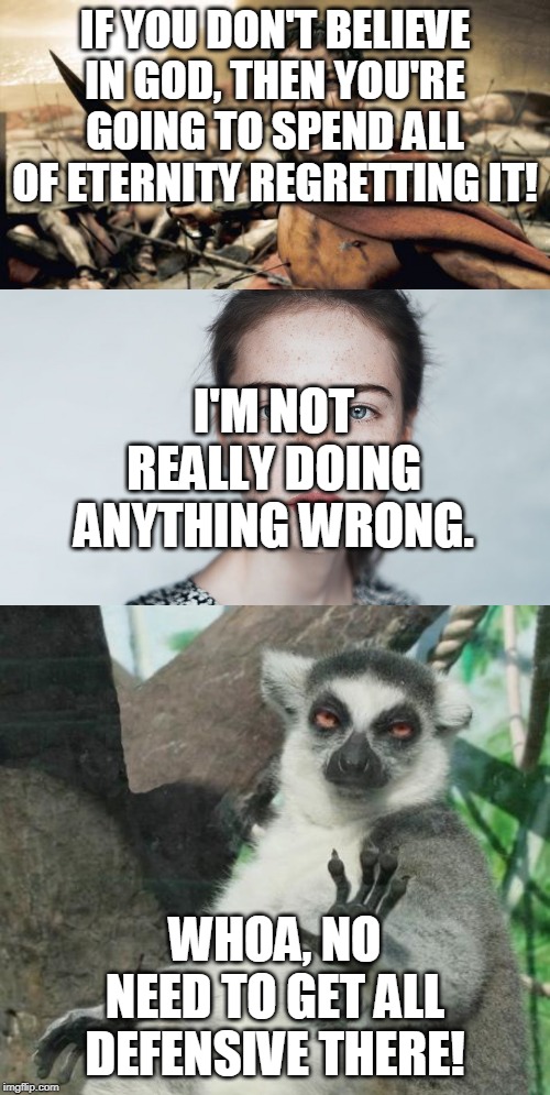 Hate Speech | IF YOU DON'T BELIEVE IN GOD, THEN YOU'RE GOING TO SPEND ALL OF ETERNITY REGRETTING IT! I'M NOT REALLY DOING ANYTHING WRONG. WHOA, NO NEED TO GET ALL DEFENSIVE THERE! | image tagged in memes,sparta leonidas,stoner lemur,religion,hate speech,atheism | made w/ Imgflip meme maker
