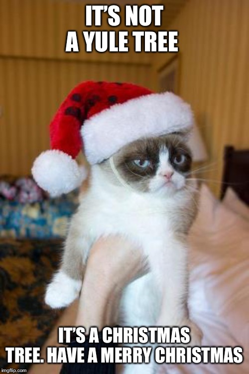 Grumpy Cat Christmas Meme | IT’S NOT A YULE TREE IT’S A CHRISTMAS TREE. HAVE A MERRY CHRISTMAS | image tagged in memes,grumpy cat christmas,grumpy cat | made w/ Imgflip meme maker